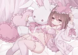 Rule 34 | 1girl, bed, blush, bow, bra, brown hair, cxoxrxu, frills, garter straps, heart, highres, jacket, lingerie, long sleeves, looking at viewer, lying, multicolored hair, navel, negligee, on back, open clothes, open jacket, original, panties, pillow, pink bow, pink bra, pink eyes, pink hair, pink negligee, pink panties, pink thighhighs, see-through clothes, short hair, sleep mask, solo, stomach, streaked hair, stuffed animal, stuffed rabbit, stuffed toy, thighhighs, underwear