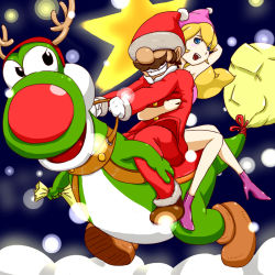 1boy 1girl blonde_hair blue_eyes breasts brown_hair christmas cosplay dinosaur facial_hair gloves grin hands_up hat hat_over_eyes hug legs mario mario_(series) microsd_(pibo) mustache night night_sky nintendo open_mouth princess_peach riding rudolph_the_red_nosed_reindeer_(cosplay) sack santa_costume santa_hat sitting sky smile star_(symbol) super_mario_bros._1 super_mario_world tail yoshi