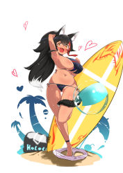1girl animal_ear_fluff animal_ears ankle_strap arm_up armpits ball beachball bikini black_hair blush breasts cleavage unworn_clothes collarbone colored_tips covered_erect_nipples curvy dark_skin floral_print full_body gluteal_fold hair_between_eyes hair_flaps hand_on_own_chest heart highres holding holding_surfboard hololive kani_bonara large_breasts long_hair looking_at_viewer lowleg lowleg_bikini multicolored_hair navel ookami_mio open_mouth orange_eyes palm_tree pointy_breasts ponytail running sand shorts shorts_around_one_leg side-tie_bikini_bottom sideboob sidelocks simple_background smile solo standing standing_on_one_leg streaked_hair string_bikini surfboard swimsuit tail tan tanline thigh_gap thighs tree underboob very_long_hair virtual_youtuber wet wide_hips wolf_ears wolf_girl wolf_tail