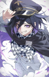 1boy absurdres black_cape black_hair black_hat cape checkered_clothes checkered_scarf commentary_request danganronpa_(series) danganronpa_v3:_killing_harmony grin hair_between_eyes hand_on_headwear hat highres korean_commentary long_sleeves looking_at_viewer male_focus multicolored_hair oma_kokichi pants peaked_cap purple_cape purple_eyes purple_hair scarf smile solo straitjacket torn_cape torn_clothes ttegi_(ddeck_dg) white_pants
