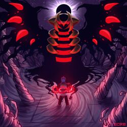 1boy 1other absurdres blue_hair cyborb cyrus_(pokemon) eclipse gen_4_pokemon giratina giratina_(altered) glowing glowing_eyes highres horns legendary_pokemon looking_at_another nintendo pillar pokemon pokemon_(creature) pokemon_dppt pokemon_platinum red_eyes spiked_hair standing tail wings