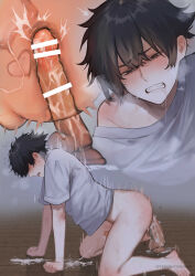 1boy absurdres all_fours anal anal_object_insertion barefoot black_eyes black_hair blush bottomless censored clenched_teeth commentary_request cross-section cum dildo dildo_riding drooling ear_blush ejaculating_while_penetrated ejaculation from_side full_body hair_between_eyes heavy_breathing highres male_focus male_masturbation masturbation masturbation_day motion_blur motion_lines narrowed_eyes object_insertion open_mouth original prostate sex_toy shaking shirt shirt_slip short_hair solo sweat teeth teniya_yoshiwaki white_shirt wooden_floor yaoi