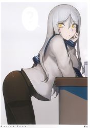 Rule 34 | 1girl, ?, absurdres, abyssal ship, colored skin, from side, gradient background, grey background, grey hair, grey skin, head rest, highres, kantai collection, long hair, long sleeves, looking at viewer, no pants, panties, pantyhose, scan, school uniform, serafuku, simple background, solo, speech bubble, spoken question mark, ta-class battleship, thighband pantyhose, underwear, walzrj, yellow eyes