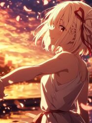 1girl accessory_hair blonde_hair long_legs lycoris_recoil nishikigi_chisato ocean red_eyes short_hair sunset
