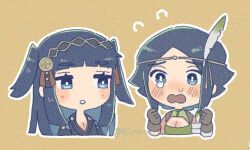 2girls black_eyes black_hair blue_eyes blunt_bangs blush feather_hair_ornament feathers fire_emblem fire_emblem_awakening fire_emblem_fates fire_emblem_heroes flying_sweatdrops gajira_07 hair_ornament long_hair looking_at_viewer multiple_girls nintendo noire_(fire_emblem) open_mouth outline parted_bangs rhajat_(fire_emblem) short_hair short_twintails twintails twitter_username upper_body white_outline