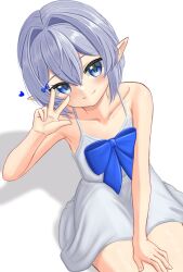 1boy bare_arms bare_shoulders basher blue_bow blue_eyes boros_(ouro_kronii) bow chest_bow collarbone commentary cowboy_shot crossdressing dress grey_hair hair_between_eyes hair_bow hair_intakes hand_on_own_thigh heart highres hololive hololive_english leaning_to_the_side light_blush looking_at_viewer male_focus personification pointy_ears simple_background sitting sleeveless sleeveless_dress smile solo spaghetti_strap sundress trap virtual_youtuber w white_background white_dress
