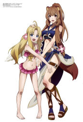 2girls absurdres animal_ears aquastar_inc. bare_legs barefoot bikini blonde_hair blue_bikini brown_eyes brown_hair filo_(tate_no_yuusha_no_nariagari) flower frilled_bikini frills full_body garter_straps hair_flower hair_ornament hand_on_another&#039;s_head highres long_hair magazine_scan megami_magazine multiple_girls official_art pink_bikini ponytail raccoon_ears raccoon_girl raccoon_tail raphtalia scan simple_background standing swimsuit tail tate_no_yuusha_no_nariagari toes twintails white_background wings