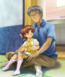Rule 34 | 00s, 1boy, 1girl, bad id, bad pixiv id, bobby socks, book, brown eyes, brown hair, clannad, closed eyes, crossed legs, dress, feet, frilled kneehighs, glasses, grandfather and granddaughter, indian style, indoors, key (company), kneehighs, lap chair, mutsuki (moonknives), okazaki naoyuki, okazaki ushio, old, old man, senior, short hair, silver hair, sitting, sitting on lap, sitting on person, socks