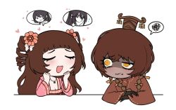 1boy 1girl annoyed black_hair blush bow braid brother_and_sister brown_hair changshik chinese_clothes closed_eyes colored_skin dress drill_hair flower guan_hat hair_between_eyes hair_bow hair_flower hair_ornament hanfu heart heterochromia highres hong_lu_(project_moon) imagining jade_(gemstone) jewelry limbus_company long_hair necklace pink_dress project_moon qixiong_ruqun rope short_bangs short_hair siblings twin_drills xue_baochai_(project_moon) xue_pan_(project_moon) yellow_eyes