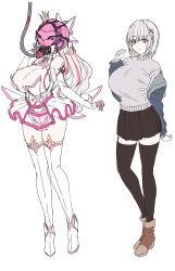 breasts commentary_request gloves grey_sweater highres magical_girl multicolored_hair original oshimizu_seren otome_ginsei_lumiphonia red_eyes satou_kuuki sweater thighhighs two-tone_hair white_gloves white_hair white_thighhighs