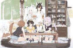 +_+ 5girls absurdres ahoge animal_ears animal_hairband bag blush blush_stickers cabinet calendar_(object) cat_ears cat_girl cat_tail chair closed_eyes commentary_request crossed_legs cup cushion dog_ears dog_girl dog_tail drink drinking_glass drooling electric_fan facing_viewer food fox_ears fox_girl frilled_shorts frills green_eyes grey_socks hair_ornament handbag hands_on_another&#039;s_shoulders highres holding holding_food holding_plate hololive hololive_gamers incense_burner indoors inugami_korone kneeling long_hair long_sidelocks looking_at_food mouth_drool multicolored_hair multiple_girls nekomata_okayu ookami_mio oozora_subaru open_mouth plate purple_hair red_eyes shirakami_fubuki shirt short_hair shorts sidelocks sitting slice_of_life socks soutanookiba standing streaked_hair table tail tail_wagging teapot utensil virtual_youtuber white_shirt wolf_ears wolf_girl wooden_floor yellow_shirt zabuton
