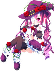 1girl bandage_over_one_eye bandages bare_shoulders boots breasts dress drill_hair emil_chronicle_online flower frilled_dress frills hair_over_one_eye hat highres midriff mummy_alma pink_eyes pointy_ears purple_dress purple_hat red_hair rose sitting small_breasts thighhighs thorns twintails witch_hat zefa_(neoaltemice)