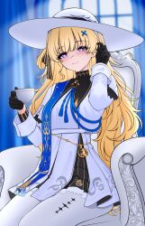 1girl absurdres aldided artist_name black_gloves blonde_hair commentary_request cup gloves hair_ornament hat highres holding holding_cup indoors long_hair looking_at_viewer pantyhose phoebe_(wuthering_waves) purple_eyes shirt sitting skirt smile solo tacet_mark_(wuthering_waves) white_hat white_pantyhose white_shirt white_skirt wuthering_waves x_hair_ornament