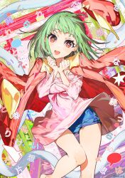 Rule 34 | bakemonogatari, blunt bangs, cabbie hat, coat, feet out of frame, green hair, hat, heart, heart-shaped pupils, highres, mika pikazo, monogatari (series), one-piece swimsuit, open mouth, orange hat, own hands together, red eyes, sengoku nadeko, sidelocks, smile, snake, speech bubble, swimsuit, swimsuit under clothes, symbol-shaped pupils, text background, thick eyelashes, white snake