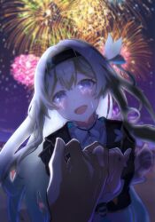 Rule 34 | 1girl, 1other, aerial fireworks, black hairband, black jacket, blue pupils, blue ribbon, blush, collared dress, cropped jacket, crying, crying with eyes open, dress, firefly (honkai: star rail), fireworks, gradient eyes, grey hair, hair between eyes, hair intakes, hair ornament, hair ribbon, hairband, highres, honkai: star rail, honkai (series), jacket, long hair, multicolored eyes, neckerchief, open mouth, orange neckerchief, pinky swear, ribbon, sakuramio, smile, streaming tears, tears, two-tone eyes, white dress