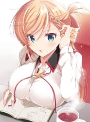 1girl adjusting_hair aqua_eyes araragi_ayune blonde_hair bolo_tie book braid breast_rest breasts collared_shirt commentary_request cup highres isshiki-san_wa_koi_wo_shiritai. large_breasts long_hair long_sleeves looking_at_viewer mug open_book parted_lips rinna_milford shirt solo swept_bangs white_shirt
