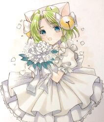 1girl alternate_costume animal_hat bell blue_eyes bouquet cat_hat dejiko di_gi_charat dress flower green_hair hair_bell hair_ornament hat highres jingle_bell looking_at_viewer mocomoco_es open_mouth petals puffy_short_sleeves puffy_sleeves short_sleeves solo white_dress whtie_dress