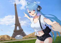 Rule 34 | 1boy, 1girl, :d, absurdres, alternate costume, azur lane, bag, belt, bird, black bra, black shorts, blue hair, bra, breasts, cleavage, cloud, commander (azur lane), commission, cowboy shot, crop top, day, eiffel tower, grass, helena (azur lane), highres, holding hands, long hair, looking at viewer, medium breasts, midriff, navel, nyle404, open mouth, outdoors, pointing, pointing at object, pov, pov hands, purple eyes, shirt, short shorts, short sleeves, shorts, shoulder bag, side-tie shirt, smile, stomach, string bra, teeth, tree, underwear, upper teeth only, very long hair, vgen commission, white shirt