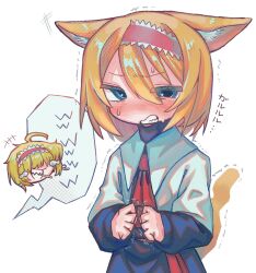 Rule 34 | +++, 2girls, ahoge, alice margatroid, animal ears, blonde hair, blue dress, blue eyes, blush, capelet, cat ears, cat girl, cat tail, chibi, chibi inset, cigarette, collared capelet, commentary, cookie (touhou), dress, ears down, frilled hairband, frills, grin, hair between eyes, hairband, highres, jigen (cookie), kemonomimi mode, long bangs, long sleeves, looking at viewer, multiple girls, nose blush, qrteg87yhl16571, red hairband, short hair, simple background, smile, solo focus, symbol-only commentary, tail, taisa (cookie), touhou, trembling, upper body, white background, white capelet