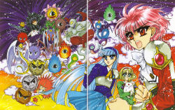 1990s_(style) 1boy 3girls 6+others absurdres armor boots braid clamp clenched_hands cloak demon fingerless_gloves gloves headgear highres hououji_fuu long_hair looking_at_another looking_at_viewer magic_knight_rayearth mokona multiple_girls multiple_others non-web_source official_art pink_hair purple_hair retro_artstyle round_eyewear ryuuzaki_umi scan school_uniform serious shidou_hikaru wings zagato zagato_(rayearth)