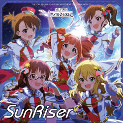 5girls akizuki_ritsuko album_cover belt blonde_hair blue_eyes brown_eyes buttons cover english_text fingerless_gloves futami_ami futami_mami glasses gloves green_eyes hair_ornament hat highres hoshii_miki idol_clothes idolmaster idolmaster_million_live! idolmaster_million_live!_theater_days mini_hat multiple_girls official_art open_mouth orange_hair planet pointing side_ponytail sky space star_(sky) starry_sky sunlight takatsuki_yayoi twintails