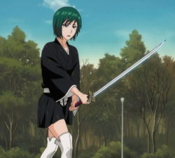 Rule 34 | anime screenshot, bleach, green hair, japanese clothes, kimono, kujou nozomi, purple eyes, short hair, stitched, sword, third-party edit, weapon