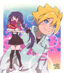 1boy 1girl ariamikukanzaki blonde_hair blue_eyes blush boruto:_naruto_next_generations box closed_mouth facial_mark hair_ornament hair_ribbon heart heart-shaped_box highres holding kakei_sumire long_hair naruto_(series) purple_eyes purple_hair ribbon smile sweater uzumaki_boruto valentine whisker_markings