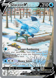 animal_focus artist_name bare_tree blue_sclera building card_(medium) character_name closed_mouth colored_sclera company_name copyright_name copyright_notice english_text flower gen_4_pokemon glaceon lamppost lying nintendo no_humans official_art on_bench on_stomach outdoors pokemon pokemon_(creature) pokemon_card pokemon_focus pokemon_tcg satou_narumi smile snow solo third-party_source trading_card tree white_eyes yellow_flower