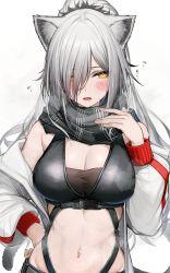 1girl absurdres animal_ear_fluff animal_ears arknights bare_shoulders black_scarf black_shirt blush breasts buckle cat_ears cat_girl cat_tail cleavage commentary_request crop_top grey_hair hair_over_one_eye hand_up highres jacket large_breasts linea_alba long_hair long_sleeves looking_at_viewer lower_teeth_only navel open_clothes open_jacket open_mouth ponytail scarf schwarz_(arknights) shirt simple_background solo sweatdrop tab_head tail teeth upper_body white_background white_jacket yellow_eyes