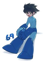 1boy black_hair dated full_body green_eyes helmet highres holding holding_helmet holding_unworn_helmet invisible_chair male_focus mega_man_(character) mega_man_(classic) mega_man_(series) mega_man_day number_pun short_hair sitting solo unworn_headwear unworn_helmet vani_(hisha_04)
