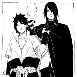 Rule 34 | ..., 2boys, anger vein, black eyes, black gloves, black hair, boruto: naruto next generations, fingerless gloves, gloves, greyscale, male focus, monochrome, multiple boys, naruto (series), naruto shippuuden, ninja, short hair, simple background, time paradox, uchiha sasuke, white background, zifletts
