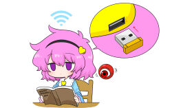 Rule 34 | 1girl, black hairband, blue shirt, blush, book, buttons, chair, collared shirt, commentary request, eyeball, frilled shirt collar, frills, hair ornament, hairband, heart, heart button, heart hair ornament, highres, holding, holding book, komeiji satori, kumanou22, long sleeves, on chair, open book, open mouth, pink hair, purple eyes, reading, ribbon-trimmed collar, ribbon trim, romaji text, shirt, simple background, solo, third eye, touhou, translation request, usb, white background, wireless