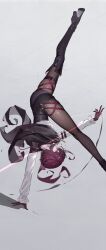 1girl absurdres arm_belt ass asymmetrical_footwear belt black_belt black_boots black_gloves black_jacket black_leotard boots floating_clothes floating_hair frilled_sleeves frills full_body gloves grey_background grey_pantyhose handstand hidulume high_heel_boots high_heels highres honkai:_star_rail honkai_(series) jacket jacket_on_shoulders kafka_(honkai:_star_rail) kicking leg_belt leotard leotard_under_clothes long_hair long_sleeves low_twintails multiple_belts one_arm_handstand pantyhose pink_hair see-through_pantyhose shirt simple_background solo thigh_boots tight_clothes twintails upside-down white_shirt