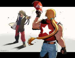 2boys baseball_cap beard_stubble blonde_hair boots crossover facial_hair fatal_fury fingerless_gloves from_behind gloves bad_tag bad_tag hat highres jacket jewelry kuroi_susumu long_hair low-tied_long_hair multiple_boys muscular muscular_male necklace open_clothes open_jacket pants ponytail red_pants standing star_(symbol) star_print street_fighter street_fighter_6 stubble terry_bogard torn_clothes torn_sleeves