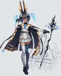 1girl animal_ears arm_up asymmetrical_legwear belt black_boots black_gloves black_hair black_thighhighs blue_eyes blue_hair boots cape colored_inner_hair commentary_request dark-skinned_female dark_skin einz_zwei epaulettes floating_staff fringe_trim full_body garter_straps gloves gold_trim grey_background hair_intakes highres jackal_ears jacket military_uniform multicolored_hair original short_hair skindentation skirt smile solo staff thighhighs two-tone_hair white_jacket white_skirt white_thighhighs