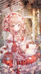 1girl :o absurdres animal animal_on_lap apron boqing_xiao_guafu bow bowtie brown_eyes brown_horns bug butterfly capelet collared_dress commission cross-laced_clothes cross-laced_dress dated denim denim_shorts dress eyelashes feet_out_of_frame flower frilled_apron frilled_capelet frilled_dress frilled_sleeves frills greenhouse hair_bow hair_flower hair_ornament hairclip high_collar highres horns indoors insect light_blush light_particles light_rays lolita_fashion long_dress long_sleeves looking_at_viewer multiple_hair_bows on_lap original parted_lips petticoat puffy_long_sleeves puffy_sleeves red_bow red_bowtie red_dress sample_watermark sheep sheep_horns shorts sitting sleeve_bow solo sunlight sunset tareme too_many_watermarks tree two-tone_bow waist_apron watermark white_apron white_bow white_capelet white_flower x_hair_ornament