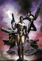Rule 34 | 1girl, 2boys, absurdres, aircraft, armor, assault rifle, beard, black hair, breasts, brown hair, bullpup, cleaned, cleavage, detexted, facial hair, gun, handgun, highres, holding, holding gun, holding weapon, jacket, military vehicle, motor vehicle, multiple boys, official art, resized, rifle, science fiction, short hair, submachine gun, suemi jun, tank, the hybrid front, third-party edit, upscaled, weapon, white beard