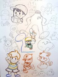 bad_tag black_hair blonde_hair burger child claus_(mother_3) doseisan hat jeff_andonuts lucas_(mother_3) mother_(series) mother_2 mother_3 ness_(mother_2) nintendo paula_(mother_2) shirt shota starman_(mother) striped_clothes striped_shirt super_smash_bros traditional_media