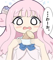 1girl :d black_scrunchie blue_archive blue_bow blue_flower blue_hair bow capelet chibi cup dress feathered_wings flower food frilled_dress frills hair_bun hair_flower hair_ornament halo holding holding_cup long_hair mika_(blue_archive) mug open_mouth pink_hair scrunchie single_side_bun smile solo translation_request umihio white_capelet white_dress white_wings wings wrist_scrunchie