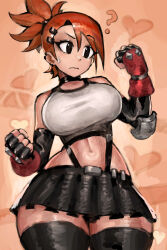 1girl ? bare_shoulders black_choker black_skirt breasts choker cosplay crop_top ear_piercing final_fantasy final_fantasy_vii fingerless_gloves foster&#039;s_home_for_imaginary_friends frankie_foster gloves hair_ornament hairclip highres jacket large_breasts looking_at_viewer midriff miniskirt navel piercing red_hair saiykik skirt solo suspender_skirt suspenders tank_top thick_thighs thighhighs thighs tifa_lockhart tifa_lockhart_(cosplay) zettai_ryouiki
