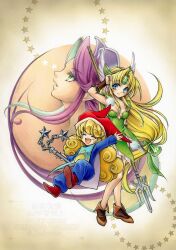 Rule 34 | 3girls, absurdres, angela (seiken densetsu 3), aqua tabard, armor, blonde hair, blue bodysuit, blue eyes, bodysuit, boots, breasts, bridal gauntlets, brown boots, charlotte (seiken densetsu 3), cleavage, closed eyes, closed mouth, curly hair, dress, forehead jewel, full body, gem, gold trim, green dress, green eyes, green gemstone, green ribbon, hair ribbon, hand in own hair, hat, highres, holding, holding flail, holding polearm, holding weapon, hori wo, long hair, low-tied long hair, medium breasts, mini hat, multiple girls, open mouth, outstretched arm, parted bangs, parted lips, polearm, pom pom hat ornament, purple hair, purple hat, red boots, red hat, ribbon, riesz, seiken densetsu, seiken densetsu 3, shoulder armor, sidelocks, smile, straight hair, upper body, weapon, winged headwear