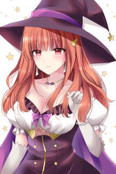 1girl alternate_costume bat_necklace bracelet breasts cape celica_(fire_emblem) cleavage dress earrings elbow_gloves fire_emblem fire_emblem_echoes:_shadows_of_valentia gloves hair_ornament halloween halloween_costume hat highres jewelry kirishima_riona large_breasts long_hair necklace nintendo orange_hair princess red_eyes solo star_(symbol) star_hair_ornament white_gloves witch witch_hat
