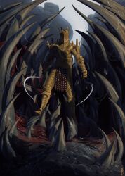 1boy armor breastplate dark_souls_(series) dark_souls_i dual_wielding facing_viewer full_armor gaping_dragon gauntlets gold_armor helm helmet highres holding holding_sword holding_weapon knight_lautrec_of_carim male_focus max58art monster pelvic_curtain solo sword weapon