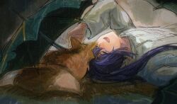 1boy blue_eyes blue_hair e.g.o_(project_moon) fox green_eyes heterochromia high_ponytail highres hong_lu_(project_moon) limbus_company lying messy_hair on_back on_ground open_mouth petting ponytail project_moon puddle rain raincoat sunshower_(e.g.o) umbrella white_raincoat yuanbuzhi