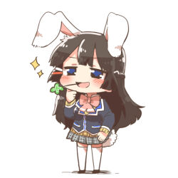 Rule 34 | 1girl, :d, animal ears, black hair, black jacket, black shoes, blazer, blue eyes, bow, braid, brown sweater, chibi, clover, four-leaf clover, grey skirt, hair ornament, hairclip, jacket, kemonomimi mode, long hair, lowres, mouth hold, nijisanji, open mouth, pink bow, pleated skirt, rabbit ears, rabbit girl, rabbit tail, rebecca (keinelove), school uniform, shadow, shoes, simple background, skirt, smile, solo, sparkle, stalk in mouth, standing, sweater, tail, thighhighs, tsukino mito, tsukino mito (1st costume), very long hair, virtual youtuber, white background, white thighhighs