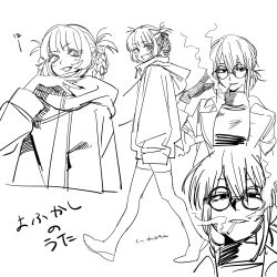 Rule 34 | 1boy, 1girl, glasses, greyscale, highres, looking at viewer, monochrome, multiple views, nanakusa nazuna (yofukashi no uta), open mouth, shorts, smile, thighhighs, yofukashi no uta, zaaaaaatta00000