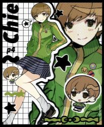 1girl absurdres black_border border brown_hair character_name checkered_background chibi chibi_inset closed_mouth full_body green_jacket hands_in_pockets high_collar highres jacket light_blush long_sleeves looking_at_viewer miniskirt multiple_views persona persona_4 pleated_skirt satonaka_chie school_uniform seyochan short_hair skirt smile socks spoken_star star_(symbol) track_jacket twitter_username upper_body white_socks yasogami_school_uniform zipper