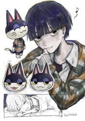2boys animal_crossing blue_eyes cat_boy furry furry_and_humanization furry_male gumidrawing highres humanization male_focus multiple_boys musical_note nintendo punchy_(animal_crossing) sleeping white_background