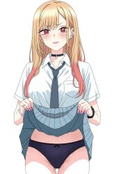1girl bisque_doll_wa_koi_wo_suru black_choker blonde_hair blue_panties bow bow_panties breasts choker clothes_lift commentary cowboy_shot ear_piercing earrings grey_necktie grey_skirt highres jewelry kitagawa_marin large_breasts lifting_own_clothes long_hair looking_at_viewer necktie panties piercing red_eyes school_uniform senor_h shirt simple_background skirt skirt_lift solo sono_bisque_doll_wa_koi_wo_suru thighs underwear variant_set white_background white_shirt