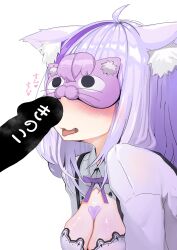 1boy 1girl ahoge animal_ear_fluff animal_ears blush breasts cat_ears cat_girl censored cleavage erection heart heart_on_chest highres hololive imminent_fellatio kajimakoto large_breasts looking_at_penis medium_hair nekomata_okayu nekomata_okayu_(wonderland) open_mouth penis purple_hair shirt short_hair smelling smelling_penis smelly_penis sweat tongue virtual_youtuber white_shirt